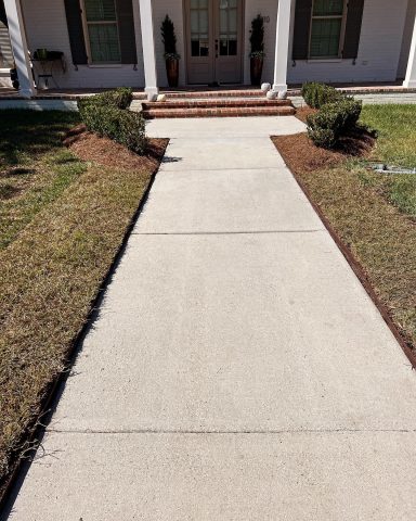 Concrete walkway leading to a house with symmetrical landscaping on either side.