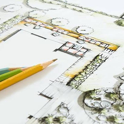 Architectural sketch with colored pencils and garden layout elements.